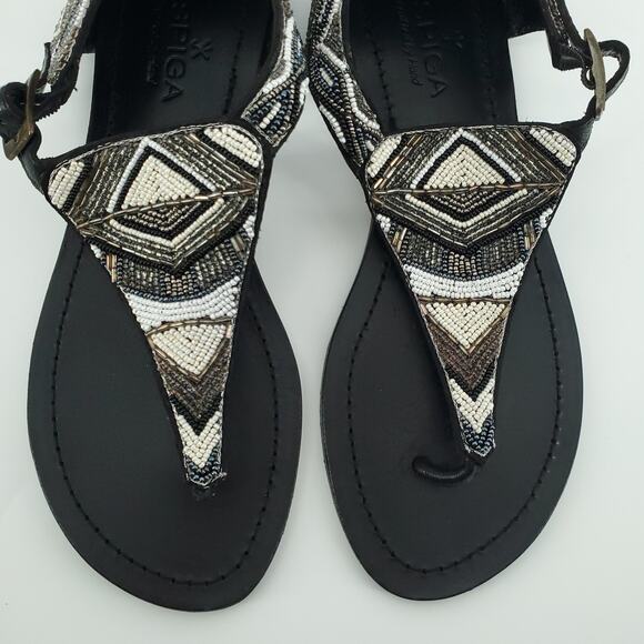 Aspiga Black Silver White T-Strap Hand-beaded Ankle Cuff Sandals Buckle Clasp 38 - Picture 3 of 11